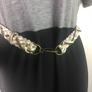 Braided white, leather and chain clip belt